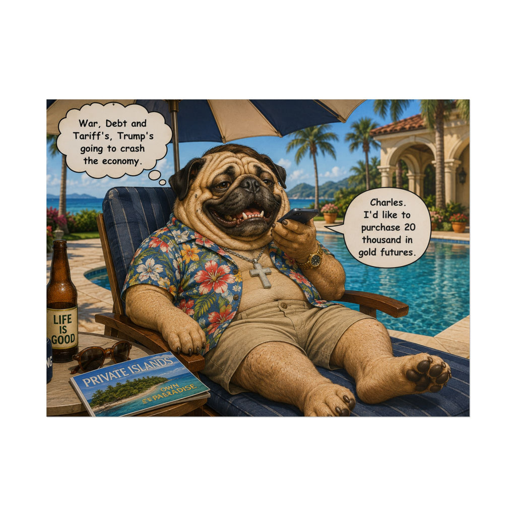 Pug Poolside Poster - Funny Wealth & Economy Cartoon Rolled Print
