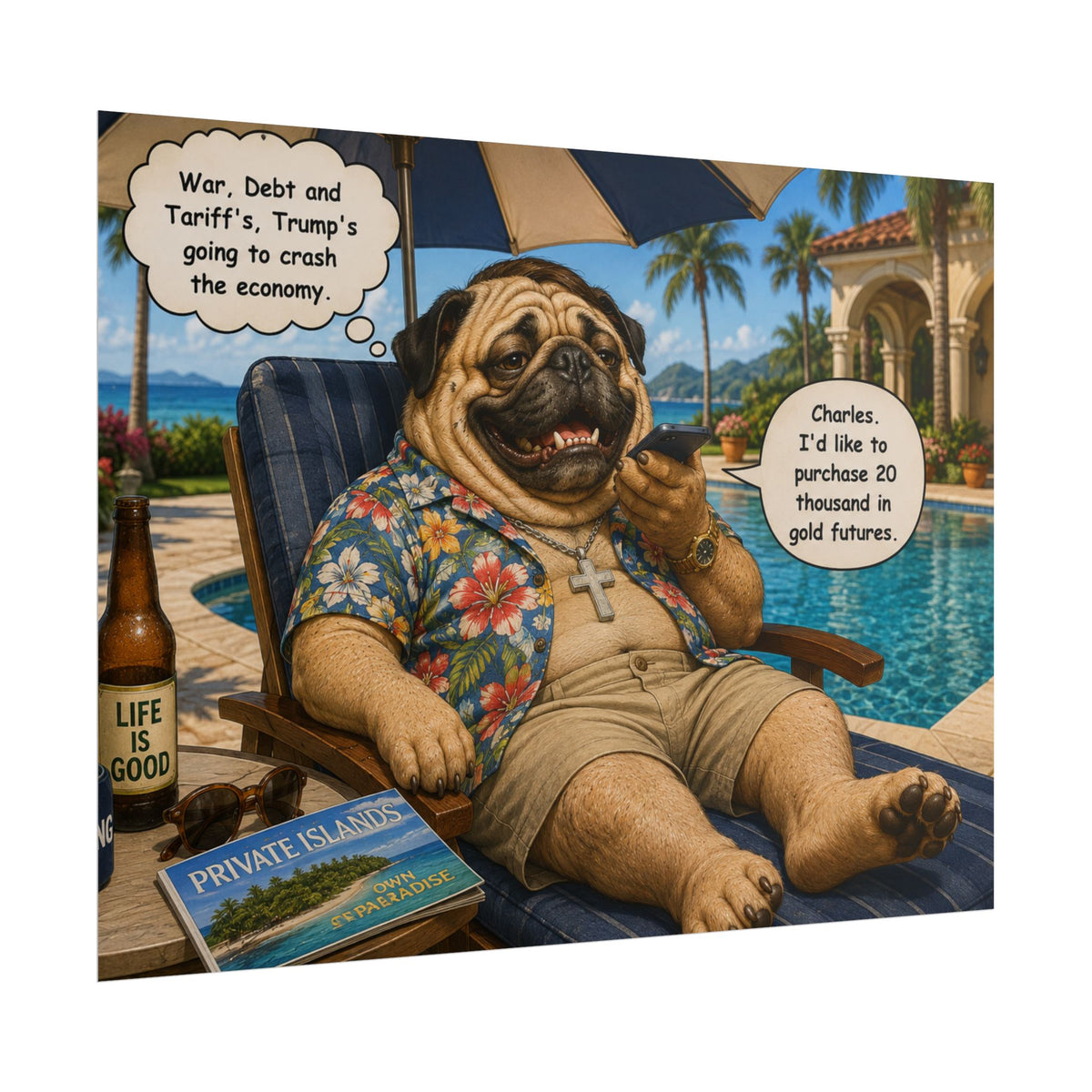 Pug Poolside Poster - Funny Wealth & Economy Cartoon Rolled Print